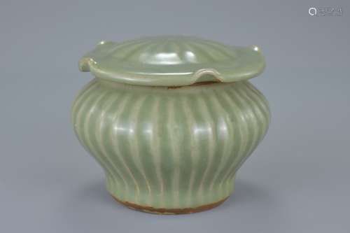 Chinese Longquan Celadon Porcelain Jar & Cover. The jar with a carved ribbed wall, the cover with ca