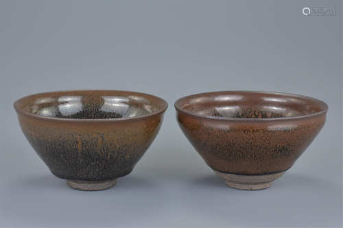 Two Chinese Song Dynasty Style Hare Fur Glazed Tea Bowls, 12cms diameter (2)