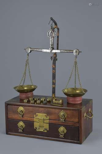 Chinese Late 19th century Rosewood and Brass Apothecary Scales Cabinet set with Eight Brass Weights