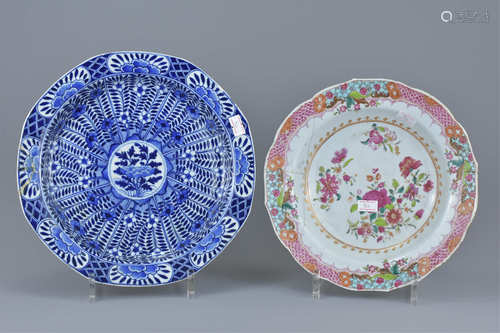 Chinese Porcelain 18th century Famille Rose Dish, 22.5cms diameter together with a 19th century Blue