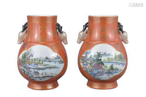 Pair of Chinese Late 19th / Early 20th century coral ground porcelain Hu Vases painted either side w