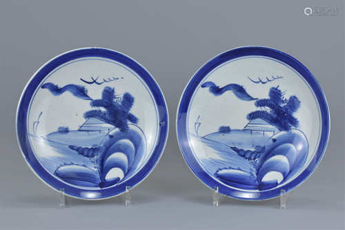 Pair of 19th century Japanese Porcelain Plates decorated with similar blue and white landscape scene