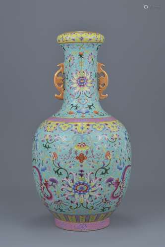 Chinese Porcelain 19th century Famille Rose Vase with turquoise glazed interior, bearing six charact