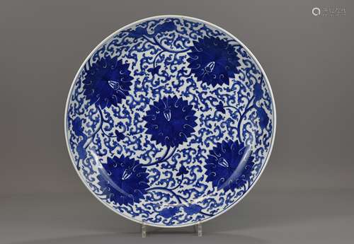 Chinese 19th century Blue and White porcelain dish decorated with chrysanthemums. 39cms diameter