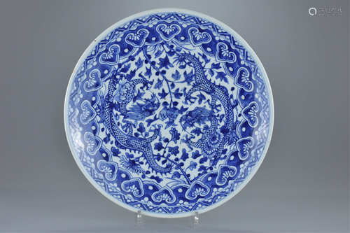 Chinese Porcelain 19th century Blue and White dragon Dish, 38cms diameter