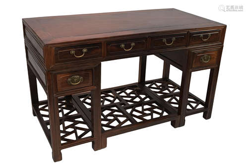 Chinese 19/20th century Hardwood Hongmu three piece desk with cracked ice design lattice. Total six