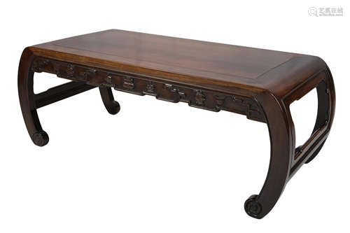 A Chinese early 20th century Hardwood Low Table with curved scroll legs and carved Chinese vase deco