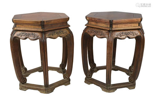 Pair of Chinese Hardwood Hexagonal Stools, 49cms high x 40cms wide (2)