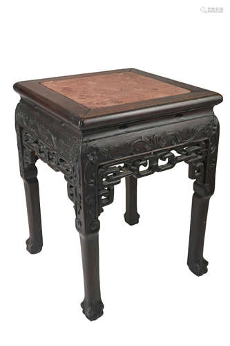 Chinese Hardwood Square Jardinière Stand with Pink Marble Insert to top, 47cms high x 43cms wide