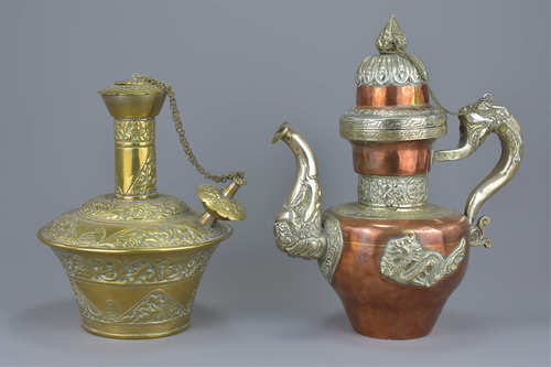 Tibetan Copper and White Metal Ewer 27cms high and a Brass Kendi 21cms high (2)