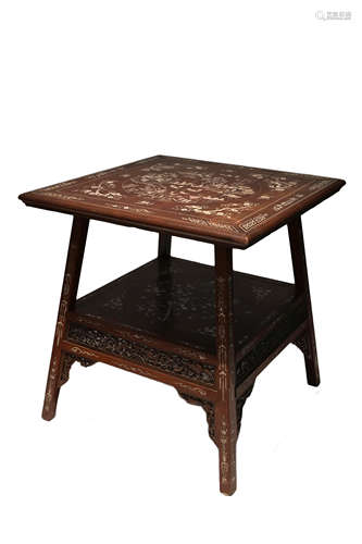 Chinese Rosewood Square Two Tier Table with Inlaid Decoration, 66cms high x 63cms wide