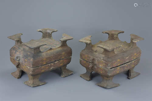 Pair of Warring State Period Pottery Food Vessels with painted decoration, each 20cms high (2)