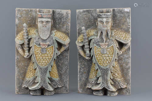 Pair Chinese Painted Tiles Depicting Guardian Figures. Each tile depicts a bearded guardian in robes