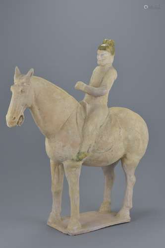 Tang Dynasty Partly Glazed Pottery Horse and Rider, 40cms high