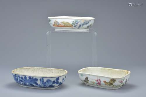 Three Chinese 19th century Porcelain Bird Baths, two Famille Rose examples and one blue and white, 1