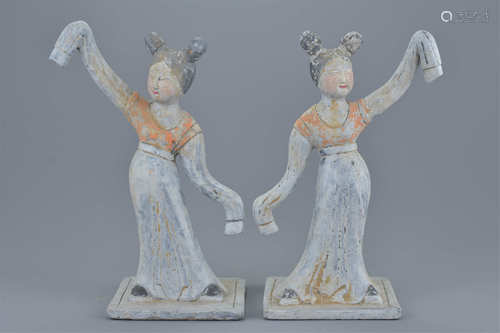 Pair of Tang Dynasty Painted Pottery Dancing Ladies, 27cms high (2)