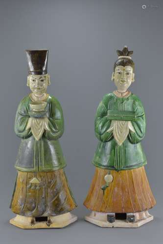 Pair of Ming Dynasty Green and Amber Glazed Figures of a Man and a Lady. 66cms high (2)