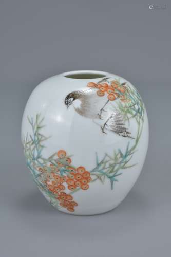 Chinese Republic Period Famille Rose porcelain pot decorated with bird amongst berry tree, calligrap