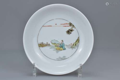 Chinese Porcelain Famille Verte Saucer Dish. Interior painted with a seated Scholar figure, coral gr