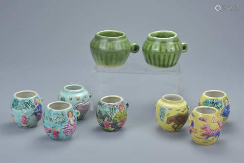 Nine Chinese Porcelain Bird Feeders including seven Late 19th century Famille Rose examples and Two