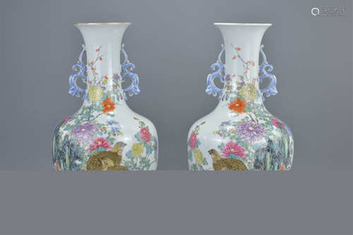 Pair of Chinese Porcelain Republic Period Famille Rose Vases decorated with Quail in a Landscape, be