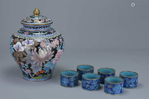 Chinese Cloisonné Enamel Jar and Cover, 18cms high together with Six Cloisonné Enamel Napkin Rings