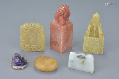 Collection of Six Items including Two Soapstone Seals, Jade Pendant, Jade Lock, Soapstone God and an