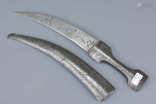 Eastern Metal Dagger with Silver Coloured Inlay, 32cms long