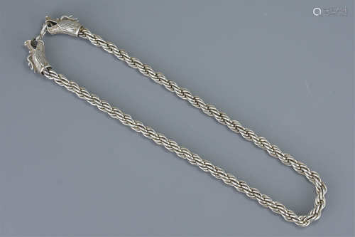 Chinese Heavy White Metal Rope Twist Necklace with Two Dragon Head Clasp, 64cms long