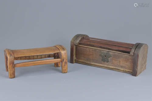 Chinese Wooden Travelling Pillow in the form of a Box, 31cms long together with a Small Wooden Trave