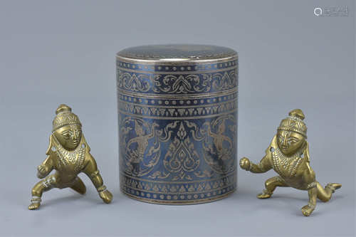 Thai White Metal Inlaid Cigarette Box and Cover, 8cms high together with Two Brass Thai Figures, 5cm