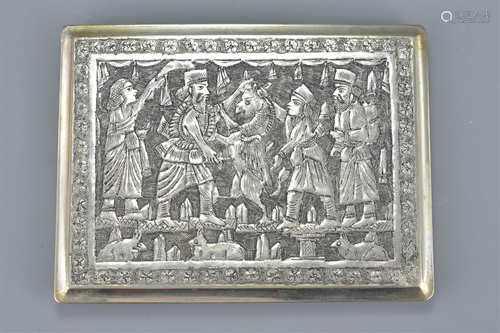 Persian White Metal Card Case with intricate decoration of figures and flowers, 10.5cms long