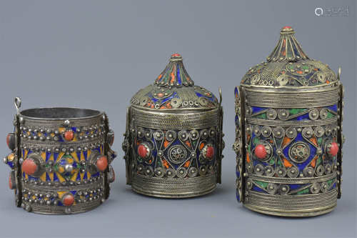 Two Middle Eastern White Metal Jars and Covers together with a similar Bangle (3)