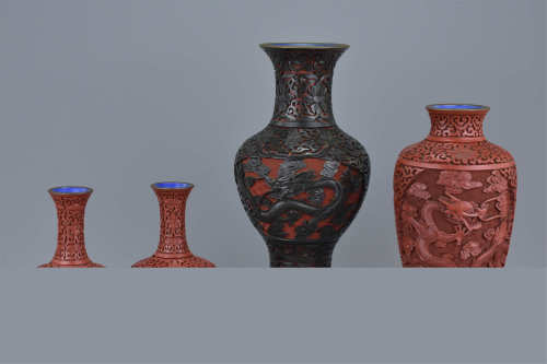 Four Early 20th century Chinese Lacquer Vases, 25cms high, 20cms high and 13cms high (4)