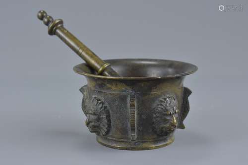 Bronze Pestle and Mortar with Lion Mask Decoration, 11cms diameter