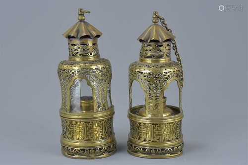 Pair of Chinese Brass Opium Burners, 17cms high (2)