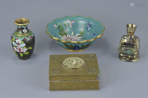 Collection of Four Items to include a Chinese Brass Box with Carved Stone Panel, Cloisonné Bowl, 15c