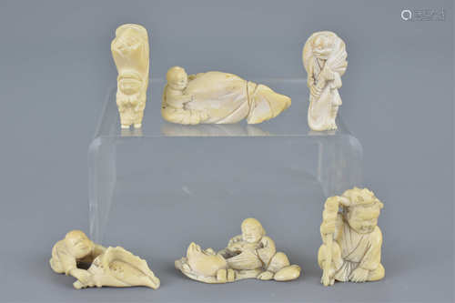 Six various 19/20th century Japanese carved Ivory netsuke. Approx. 4cms to 6cms high (6)