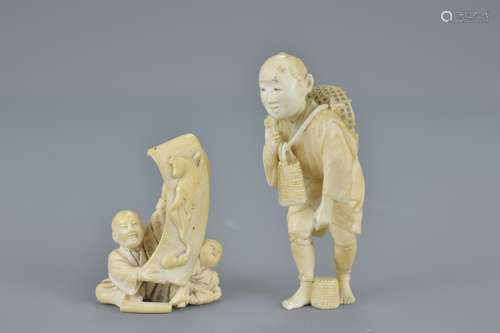 Two 19th century Meiji period Japanese Carved Ivory Figures Okimono, One of man and boy with horse s