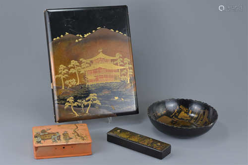 Collection of Four Japanese Lacquered Items including Empty Photograph Album, 36cms x 27cms, Two Box