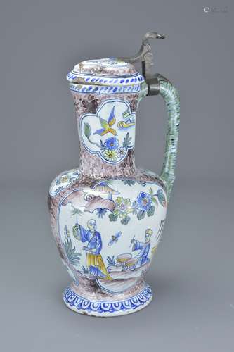 Continental Tin Glazed Lidded Flagon, 24cms high