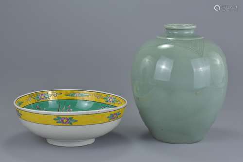 Mid 20th century Japanese Celadon Porcelain Vase, 24cms high together with a Japanese Porcelain Bowl