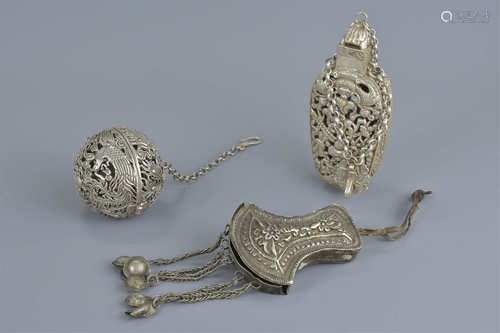 Three white metal items including scent box amulet box and incense ball. 5cm - 10cm (3)