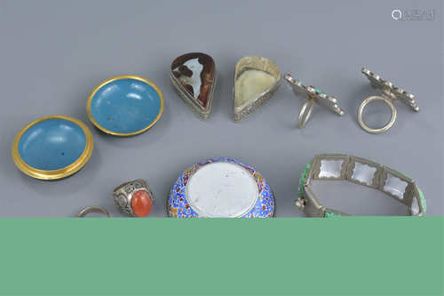 A group of seven items including a cloisonné box and cover, painted enamel bracelet with small dish