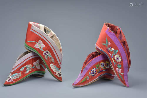 Two Pairs of Chinese 19/20th century Silk Embroidered Banded Feet Shoes, 16cms (2)