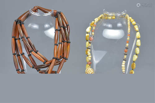 One ethnic horn cylindrical bead necklace together with a stone bead necklace and agate beaded neckl