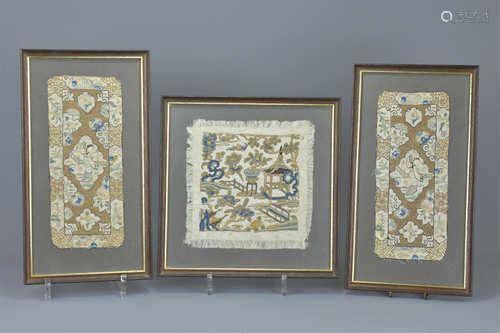 Three Chinese 19th century framed embroidered panels with gold thread. (3)