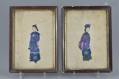 Two Chinese mid 19th century framed rice paper paintings of Mandarin man and woman. 'William Andrew,