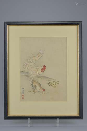 Three 19th century Japanese framed watercolours on paper paintings of Roosters, Chickens and bird