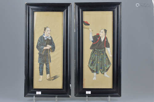 Pair of Vintage Japanese Paintings on Silk depicting a Farmer and an Entertainer, with shop mark to